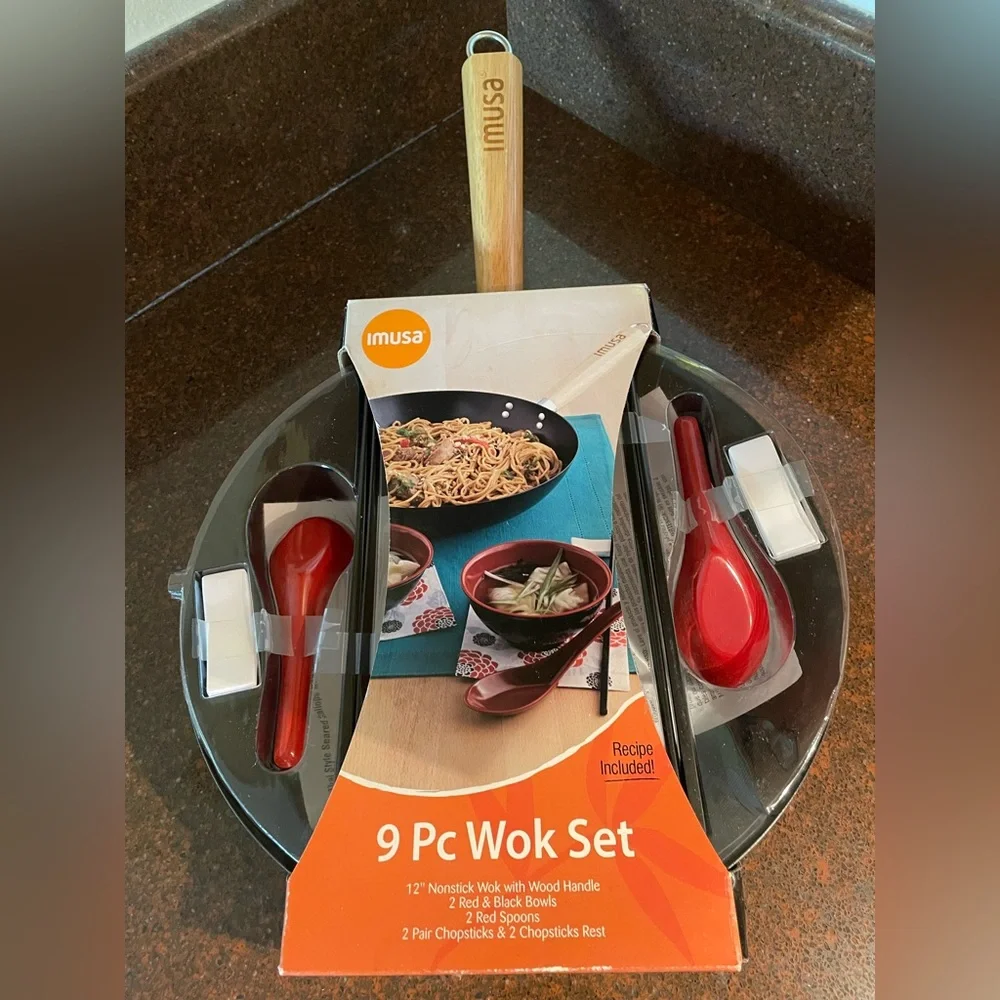 Imusa 9 Pc Wok Set with Red Utensils recipe included brand new NWT